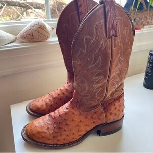 Boulet Women’s Ostrich Leather Embroidery Almond Toe Golden Tan Cowboy Boots 6
